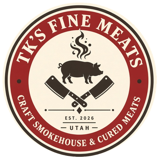 TK's Fine Meats — circular butcher badge with a pig